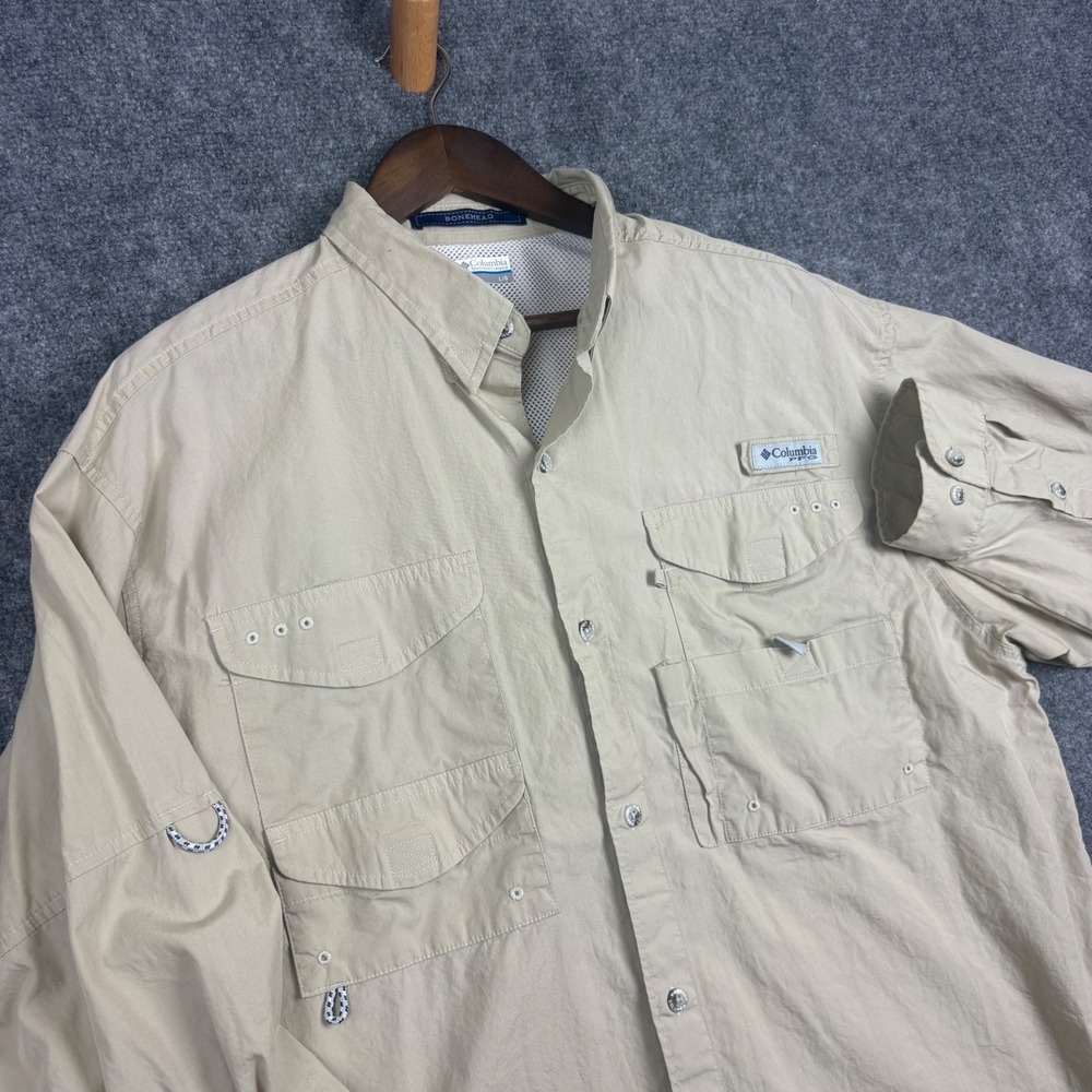 Columbia PFG Bonehead Fishing Shirt Mens Large Tan Khaki Long Sleeve Vented